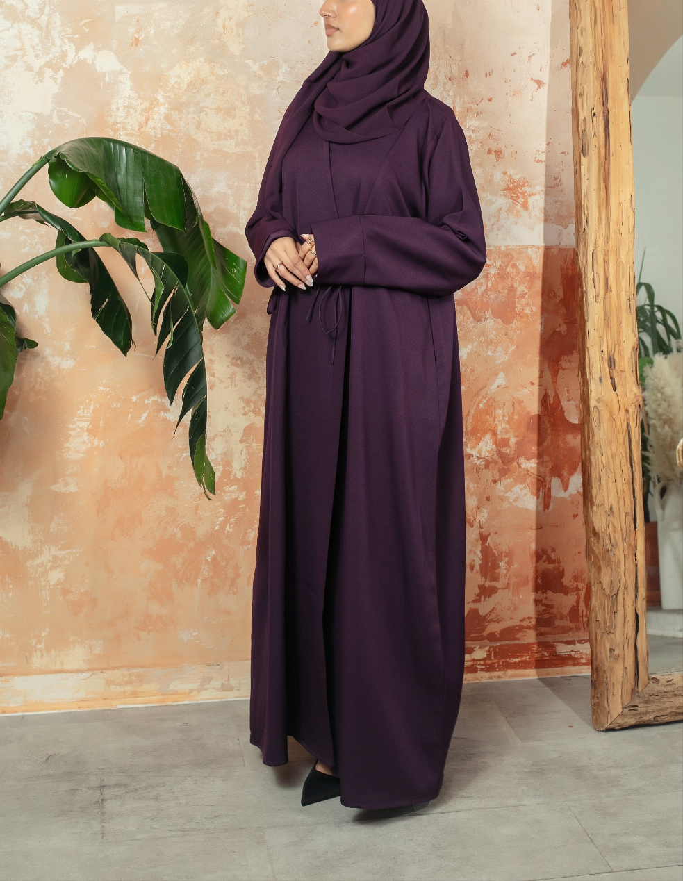 Plum Bella Abaya | Nida Linen Fabric | Concealed Buttons | Sharp Cuffs | Flowing Silhouette | Casual & Formal Style