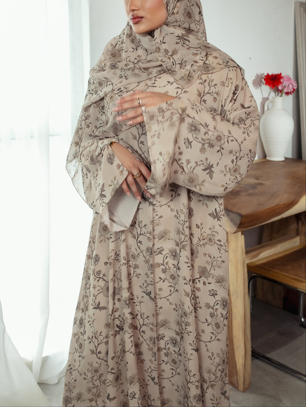 Henna Blossom Abaya | Nida Linen Fabric | Concealed Buttons | Sharp Cuffs | Flowing Silhouette | Casual & Formal Style