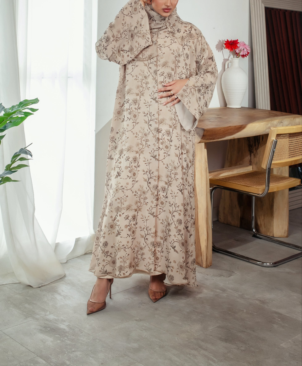 Henna Blossom Abaya | Nida Linen Fabric | Concealed Buttons | Sharp Cuffs | Flowing Silhouette | Casual & Formal Style