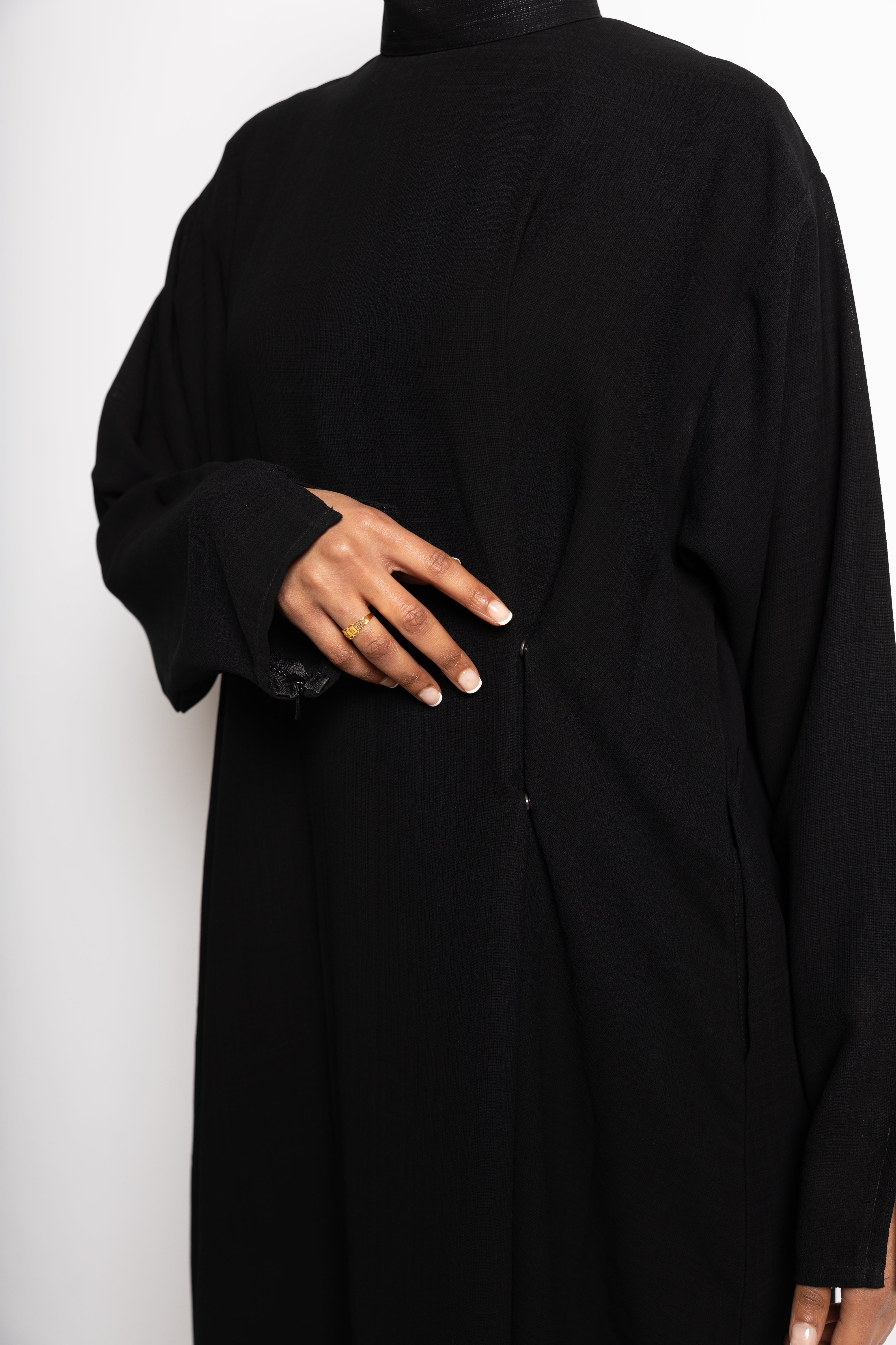 Essential Cinch Abaya | Nida Linen Fabric | Adjustable Cinch Waist | Concealed Buttons | Flowing Silhouette | Casual & Formal Style