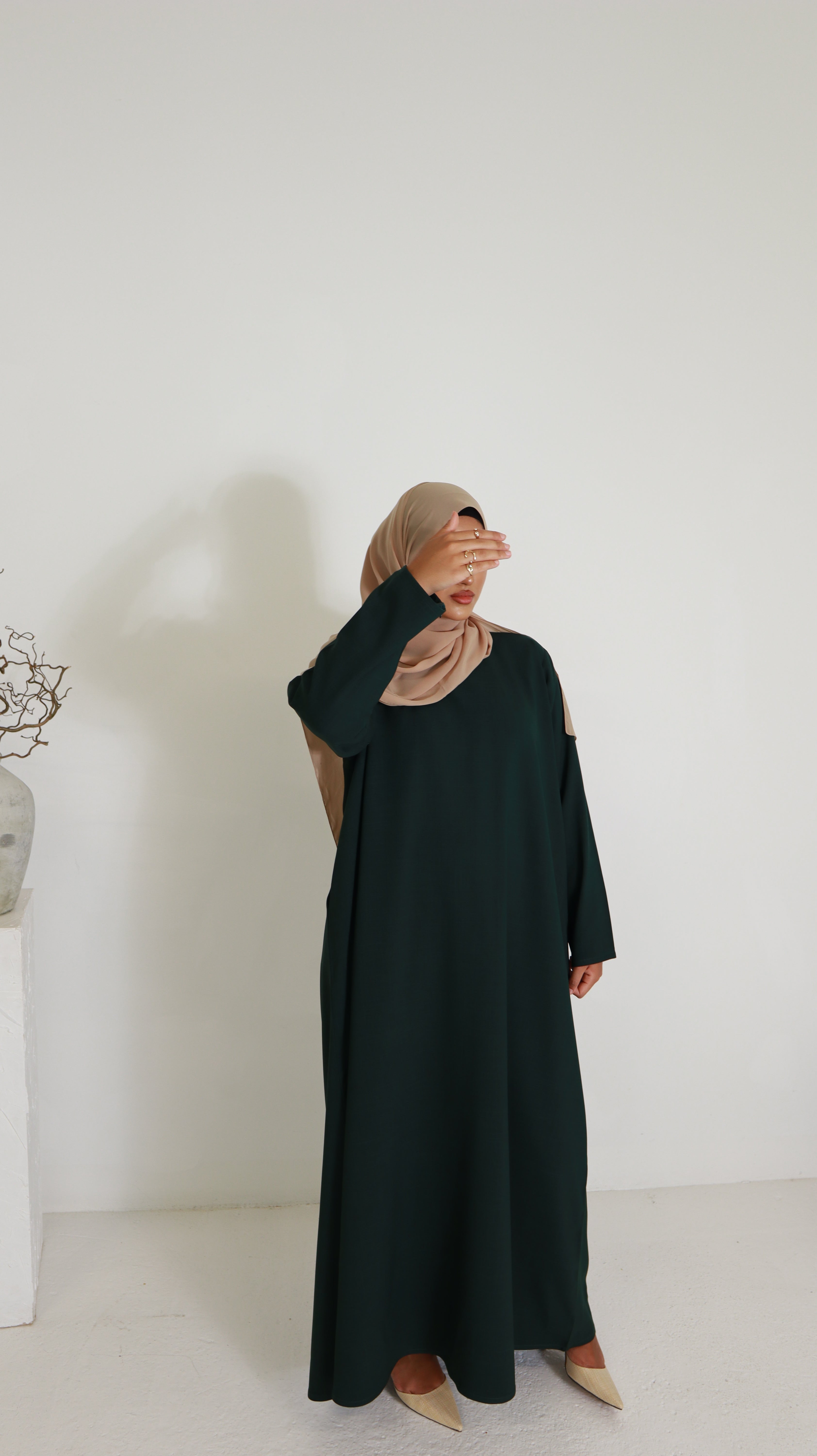 Green Essential Abaya | Nida Linen Fabric | Concealed Buttons | Sharp Cuffs | Flowing Silhouette | Casual & Formal Style
