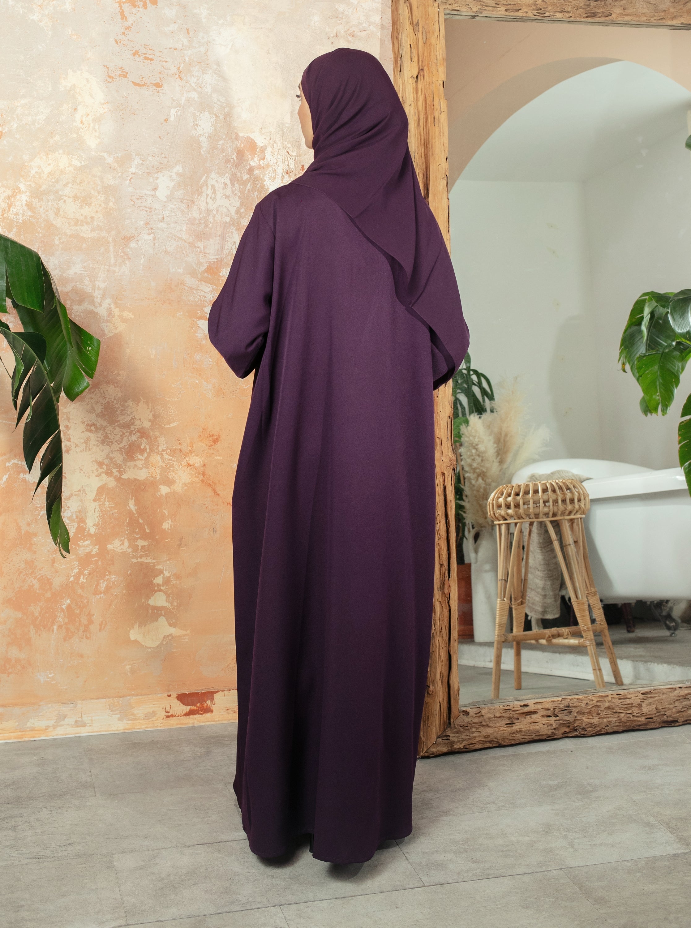 Plum Bella Abaya | Nida Linen Fabric | Concealed Buttons | Sharp Cuffs | Flowing Silhouette | Casual & Formal Style