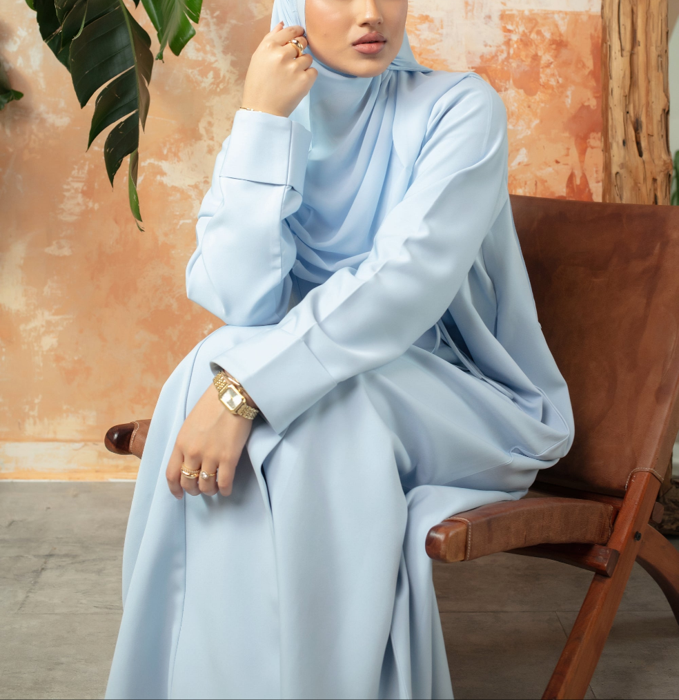 Sky Bella Abaya | Nida Linen Fabric | Concealed Buttons | Sharp Cuffs | Flowing Silhouette | Casual & Formal Style