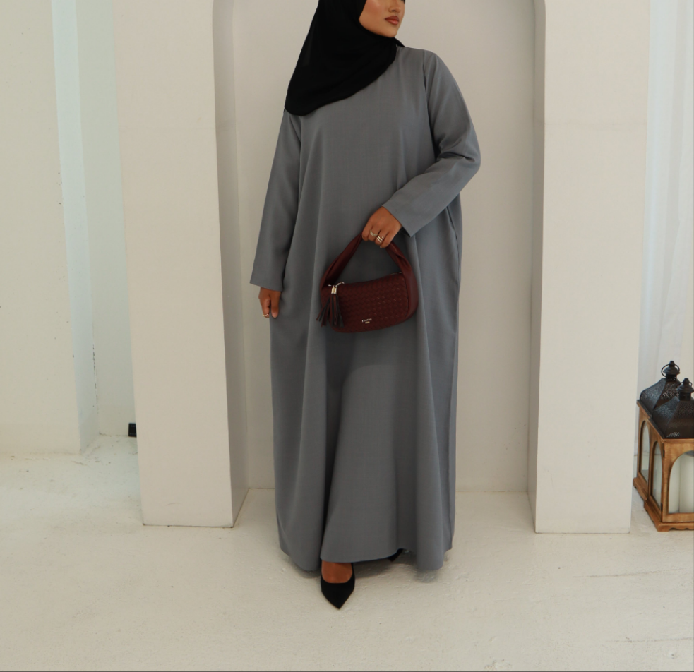 Grey Essential Abaya | Nida Linen Fabric | Concealed Buttons | Sharp Cuffs | Flowing Silhouette | Casual & Formal Style