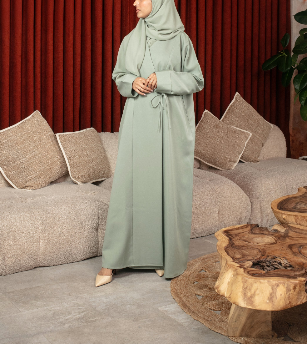 Mint Bella Abaya | Nida Linen Fabric | Concealed Buttons | Sharp Cuffs | Flowing Silhouette | Casual & Formal Style