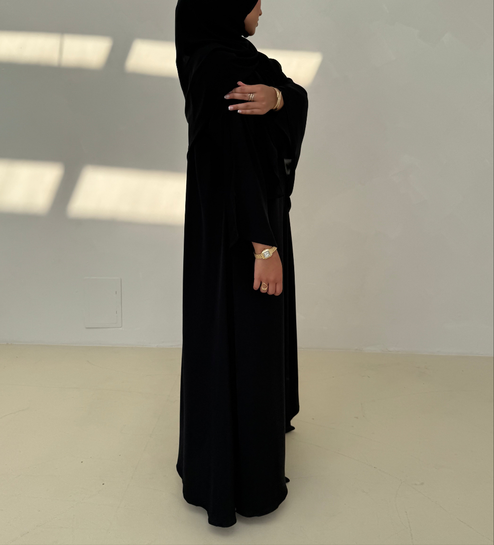 Midnight Korean Elegance Abaya | Nida Linen Fabric | Concealed Buttons | Sharp Cuffs | Flowing Silhouette | Casual & Formal Style