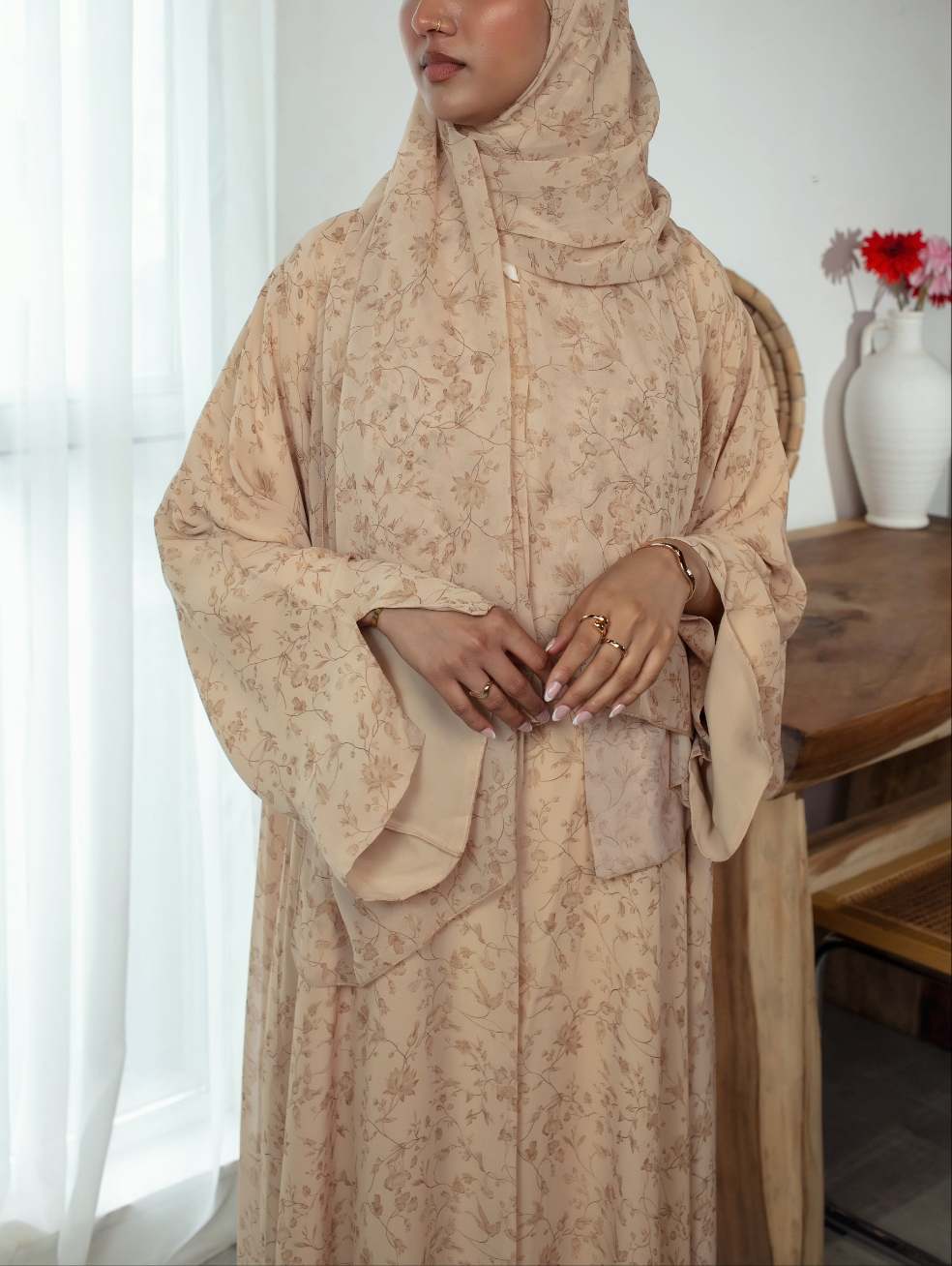 Desert Blossom Abaya | Nida Linen Fabric | Concealed Buttons | Sharp Cuffs | Flowing Silhouette | Casual & Formal Style