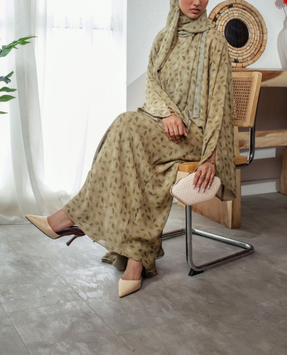 Sage Blossom Abaya | Nida Linen Fabric | Concealed Buttons | Sharp Cuffs | Flowing Silhouette | Casual & Formal Style