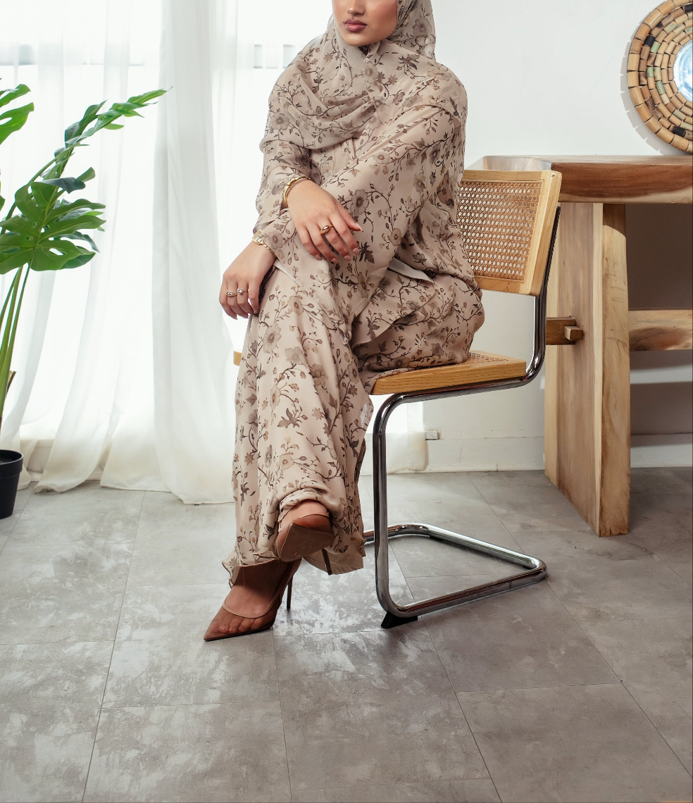 Henna Blossom Abaya | Nida Linen Fabric | Concealed Buttons | Sharp Cuffs | Flowing Silhouette | Casual & Formal Style