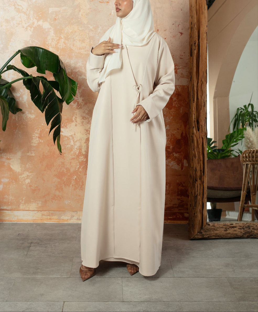 Cream Bella Abaya | Nida Linen Fabric | Concealed Buttons | Sharp Cuffs | Flowing Silhouette | Casual & Formal Style