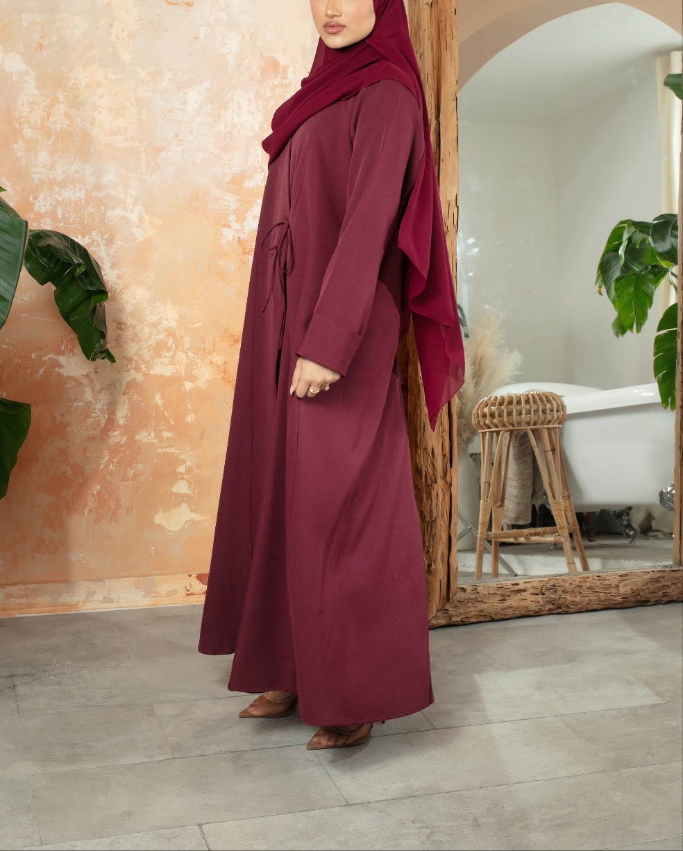 Burgundy Bella Abaya | Nida Linen Fabric | Concealed Buttons | Sharp Cuffs | Flowing Silhouette | Casual & Formal Style