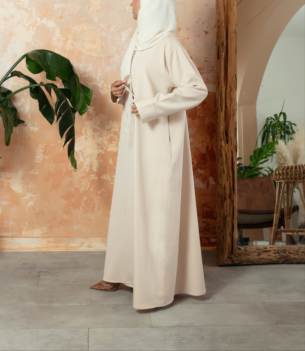Cream Bella Abaya | Nida Linen Fabric | Concealed Buttons | Sharp Cuffs | Flowing Silhouette | Casual & Formal Style