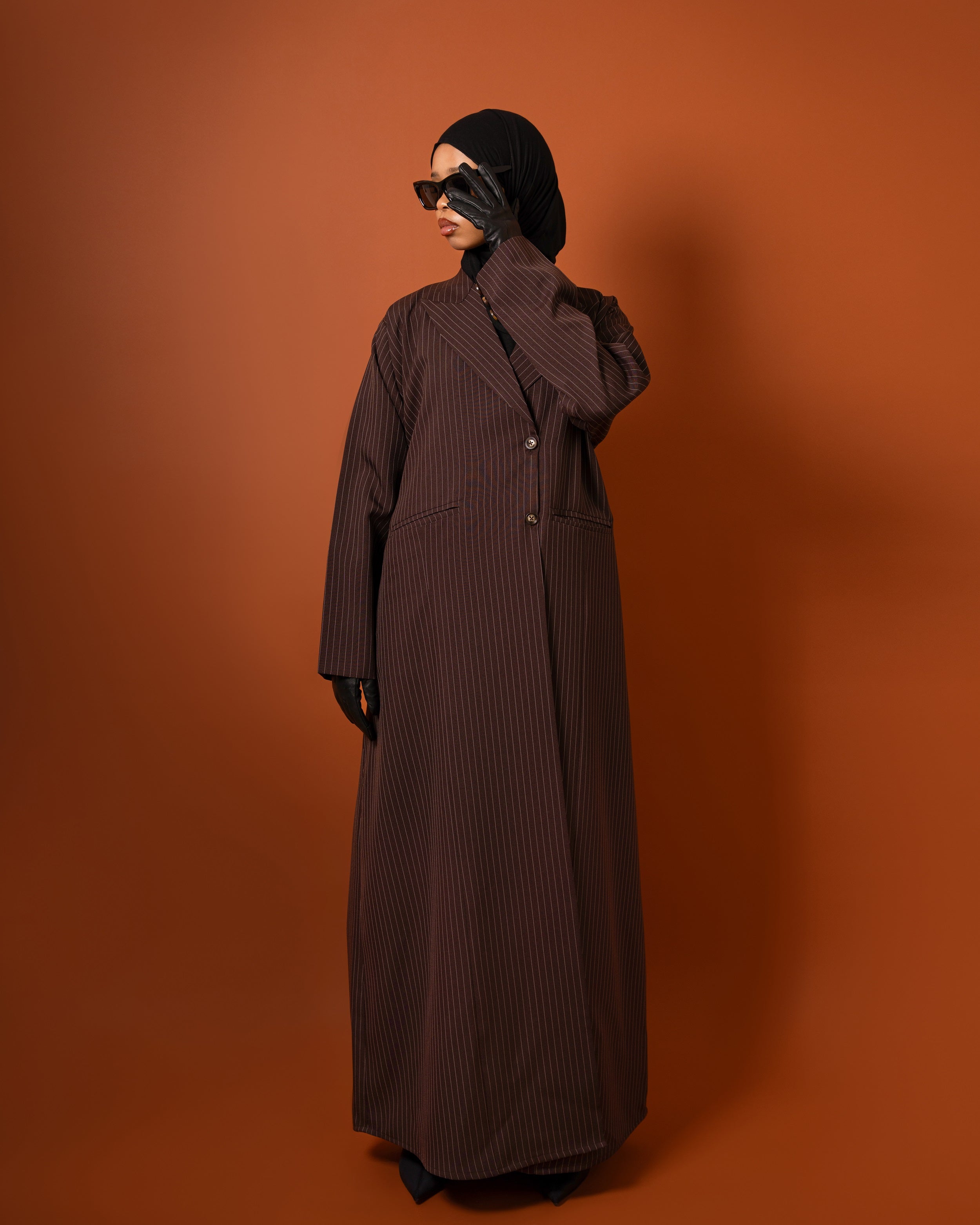 Mocha Pinstripe Blazer Coat - Elegant & Refined | Shop at Cloakedt